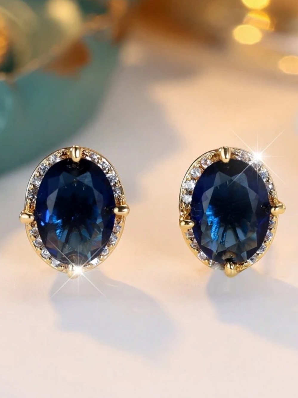 Gold-Plated Blue Crystal Halo Stud Earrings - Elegant Women's Jewelry